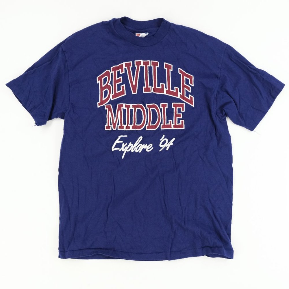 VTG Hanes Beefy-T Sz. Large Beville Middle Explore 1994 Single Stitch Navy